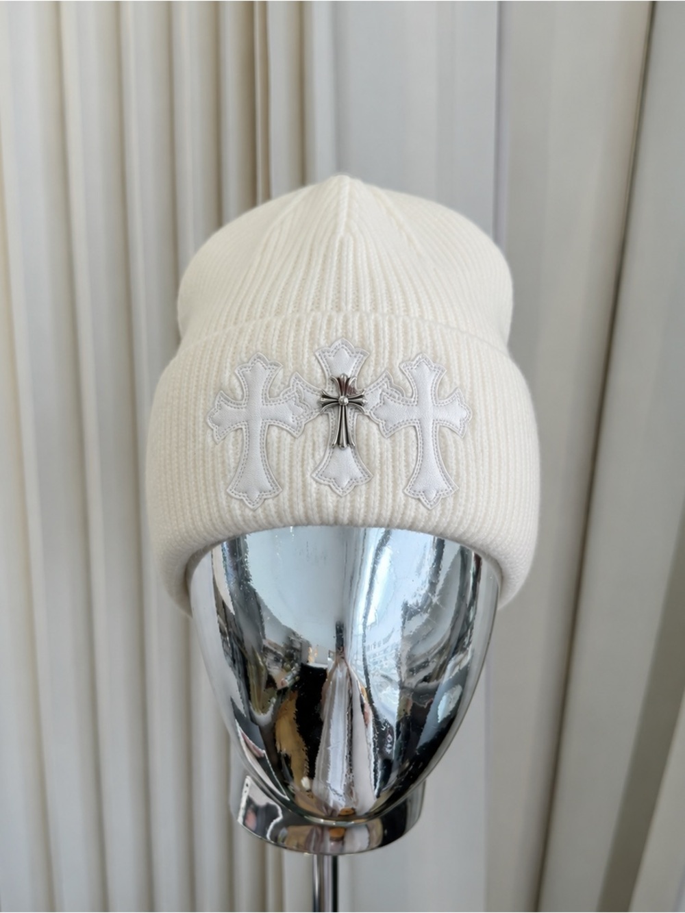 Chrome Hearts Cream Beanie with Three Cross Accents